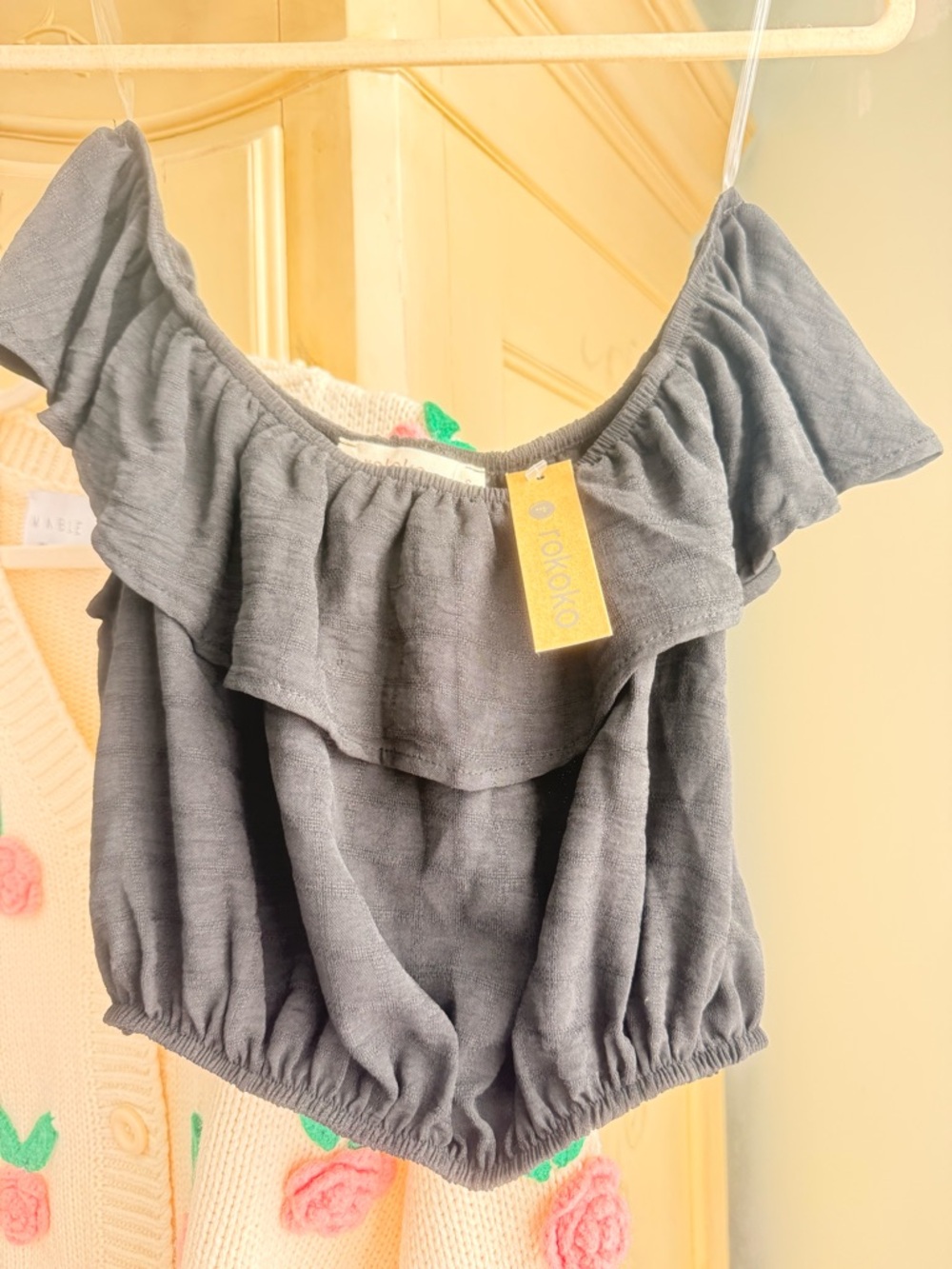 2 item bundle. NWT Black Ruffle Off-Shoulder Crop Top & NWT PacSun black belt
